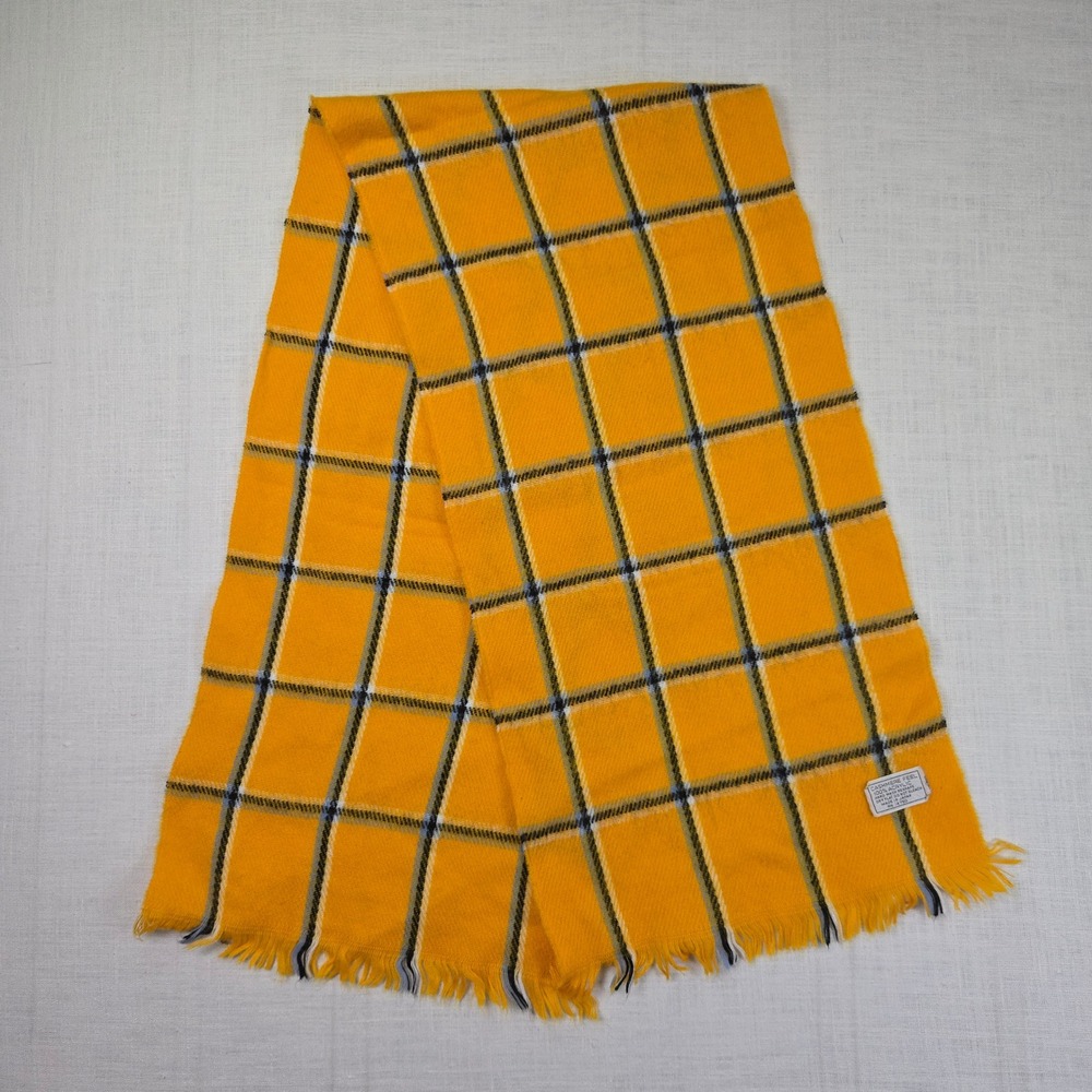 VTG Japanese Cashmere Feel Scarf Yellow Plaid Acrylic Soft Windowpane Fringe 80s